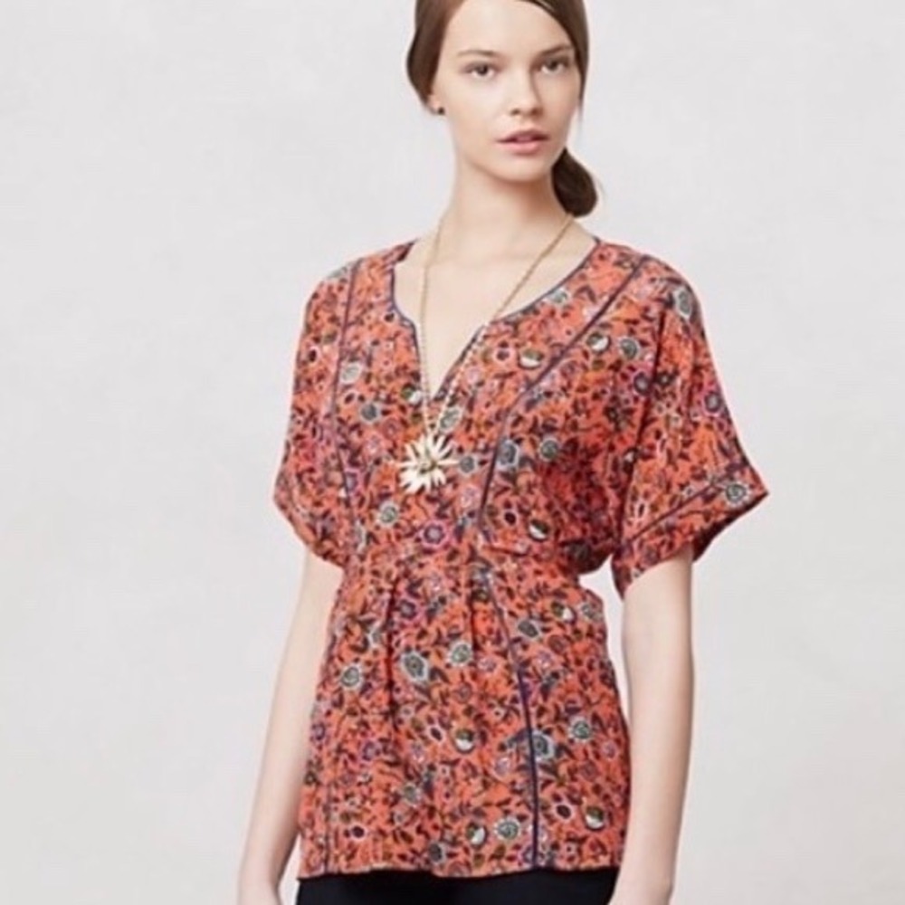 Maeve Anthropologie Maes Red Floral 100% Silk Tie Waist V-Neck Blouse Kimono XS
